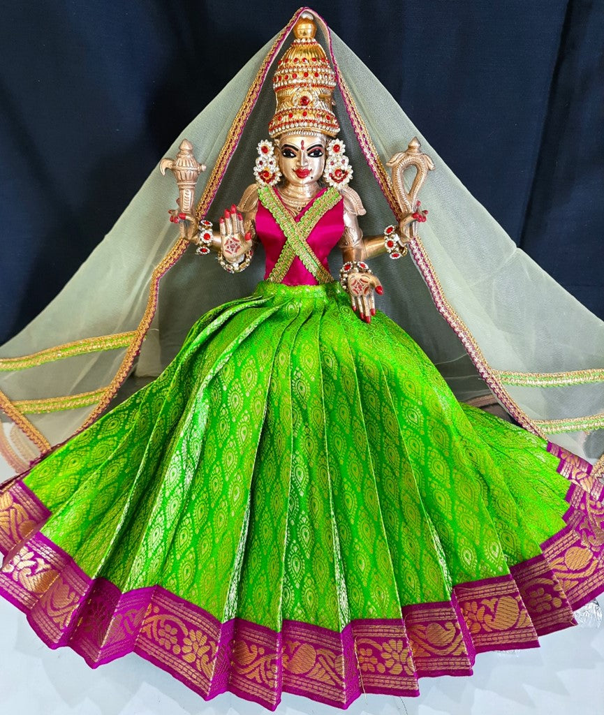 Deity half saree / lehenga patka made of Brocade Silk fabric (Not Pure Silk) - Parrot green Lehenga with purple jari border and golden net dupatta 1