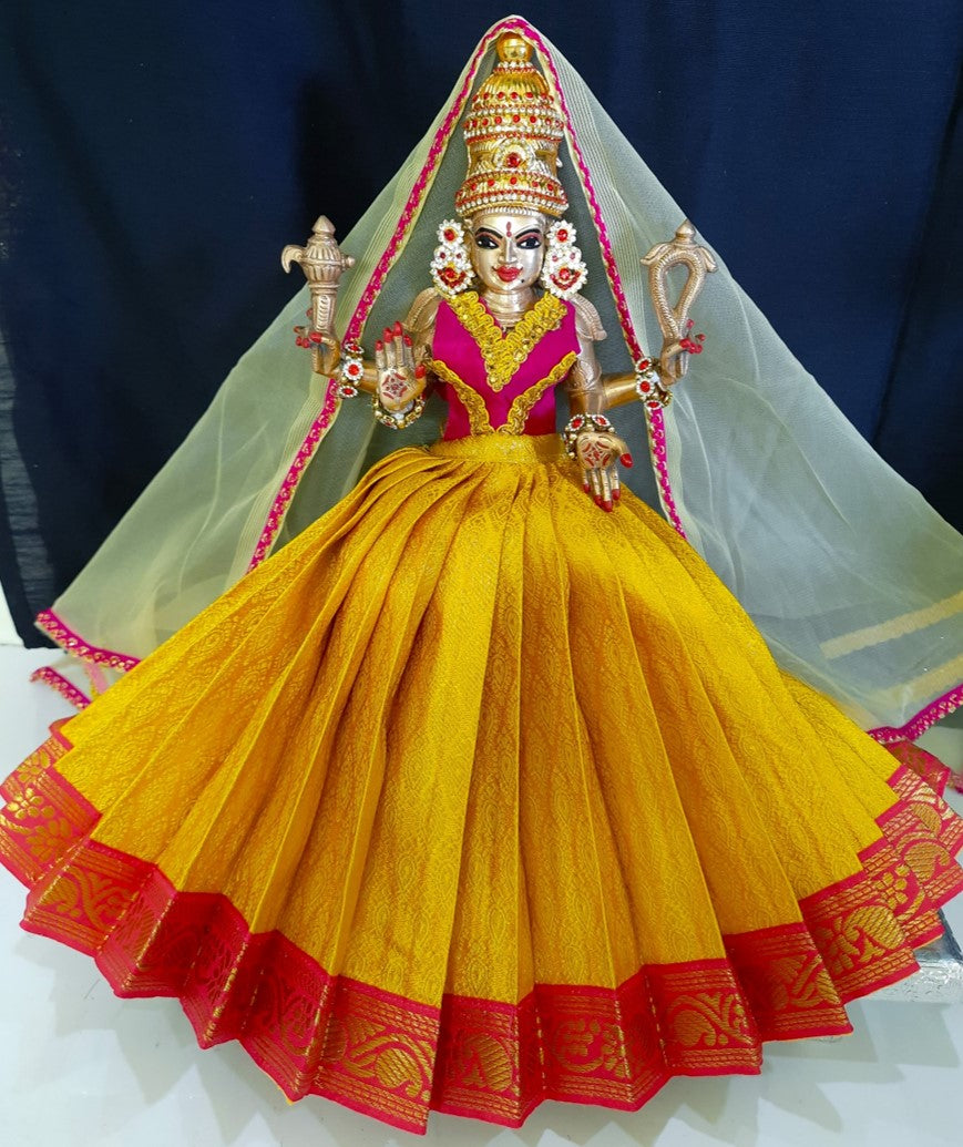 Deity half saree / lehenga patka made of Brocade Silk fabric (Not Pure Silk) - Yellow Lehenga with Pink jari border and golden net dupatta 1