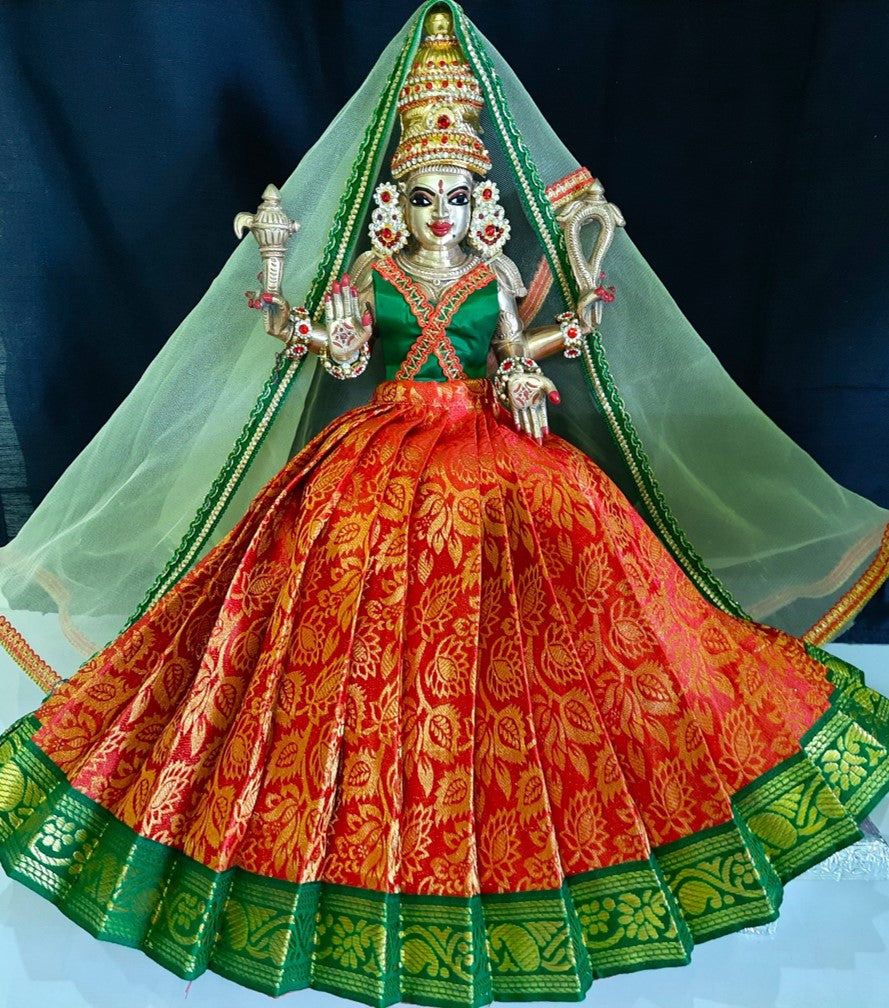 Deity half saree / lehenga patka made of Brocade Silk fabric (Not Pure Silk) - Red Lehenga with green jari border and golden net dupatta 1