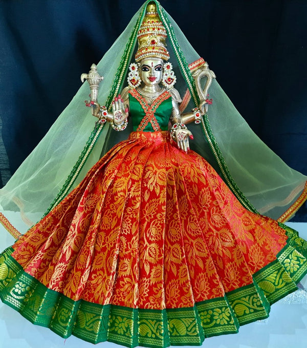 Deity half saree / lehenga patka made of Brocade Silk fabric (Not Pure Silk) - Red Lehenga with green jari border and golden net dupatta