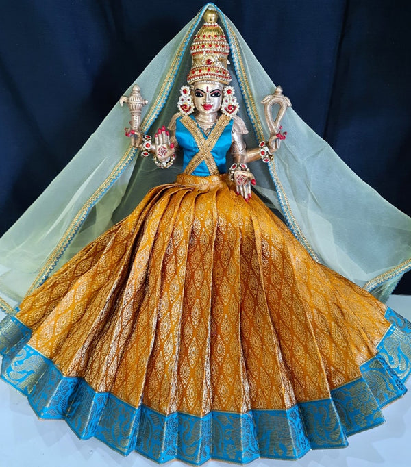 Deity half saree / lehenga patka made of Brocade Silk fabric (Not Pure Silk) - Mustard yellow Lehenga with sky blue jari border and golden net dupatta