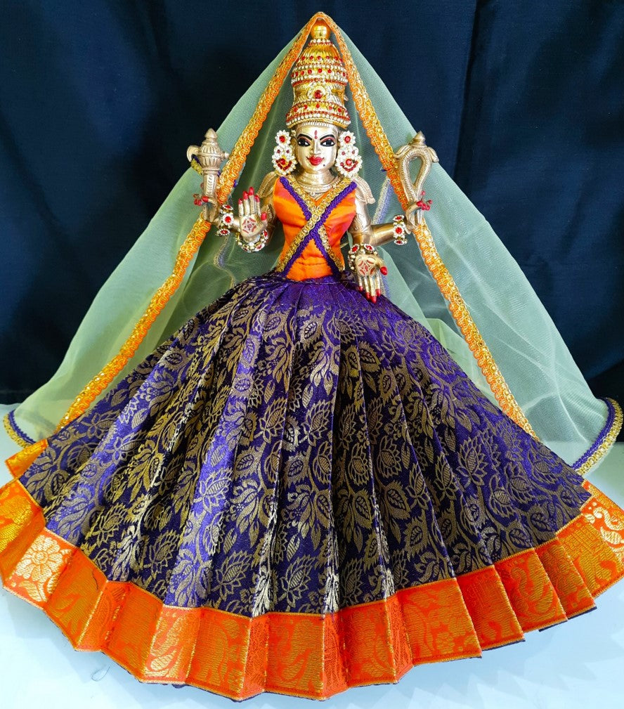 Deity half saree / lehenga patka made of Brocade Silk fabric (Not Pure Silk) - Purple Lehenga with orange jari border and golden net dupatta 1
