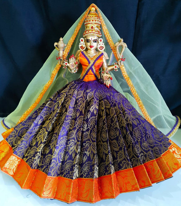 Deity half saree / lehenga patka made of Brocade Silk fabric (Not Pure Silk) - Purple Lehenga with orange jari border and golden net dupatta