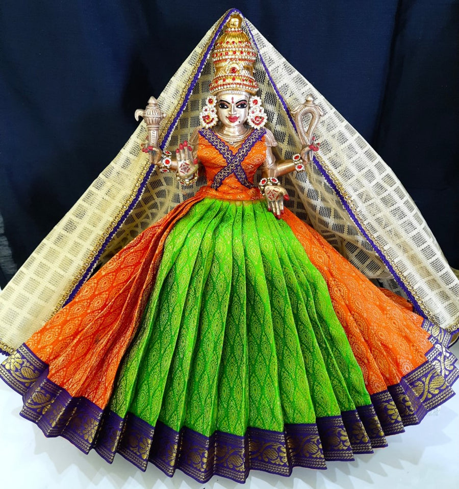 Deity half saree / lehenga patka made of Brocade Silk fabric (Not Pure Silk) - Parrot green and orange Lehenga with blue jari border and golden net dupatta
