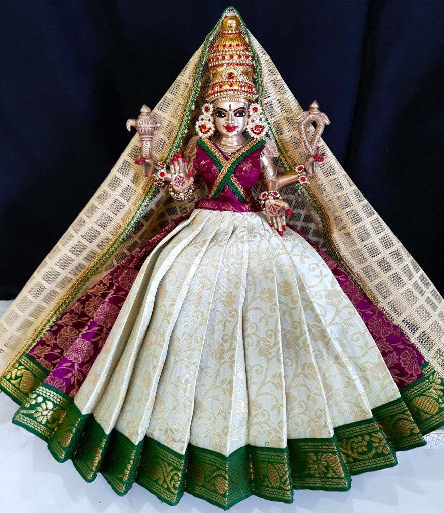 Deity half saree / lehenga patka made of Brocade Silk fabric (Not Pure Silk) - Wine and white Lehenga with green jari border and golden net dupatta 1