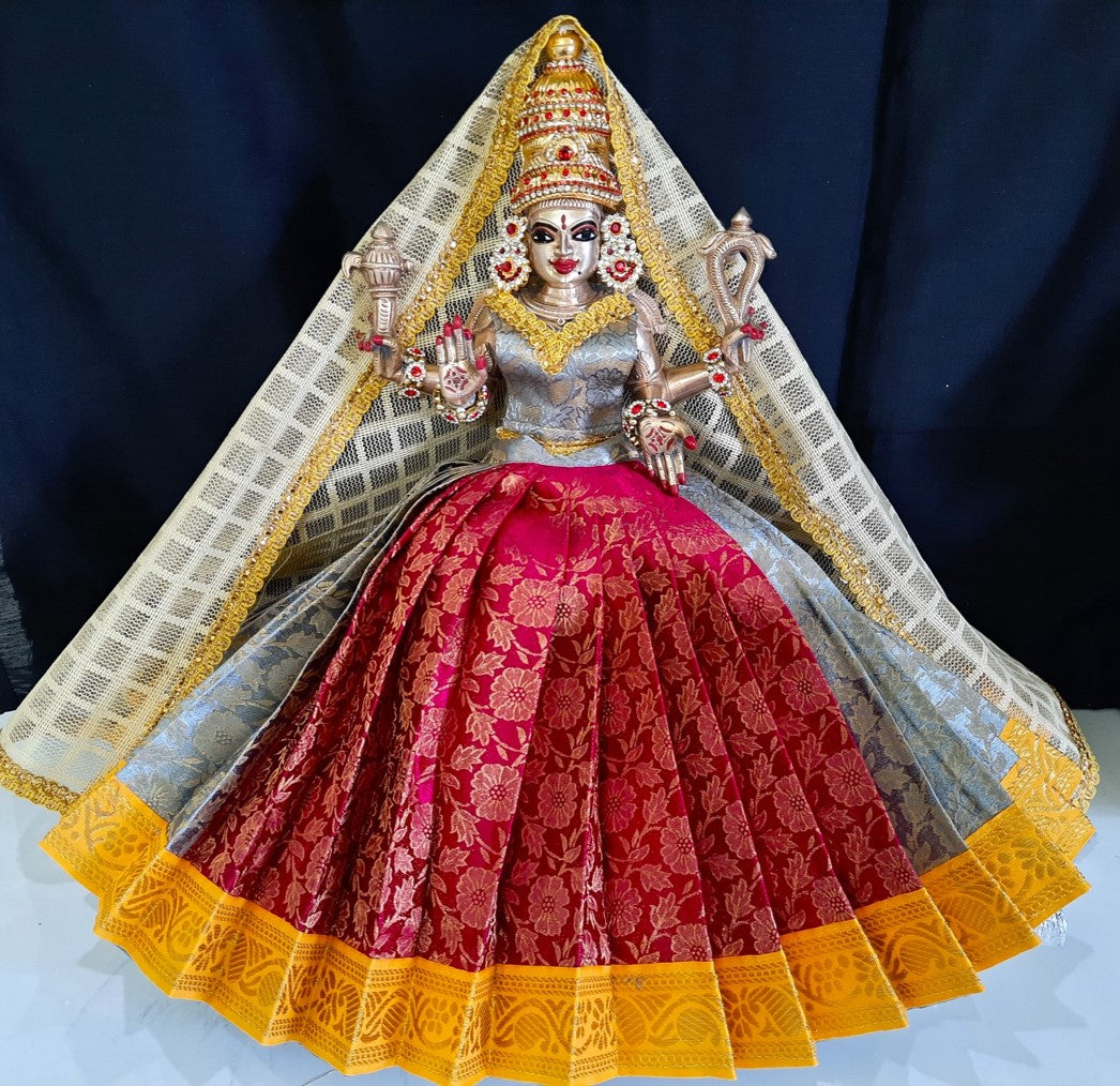 Deity half saree / lehenga patka made of Brocade Silk fabric (Not Pure Silk) - Pink and grey Lehenga with green jari border and golden net dupatta 1