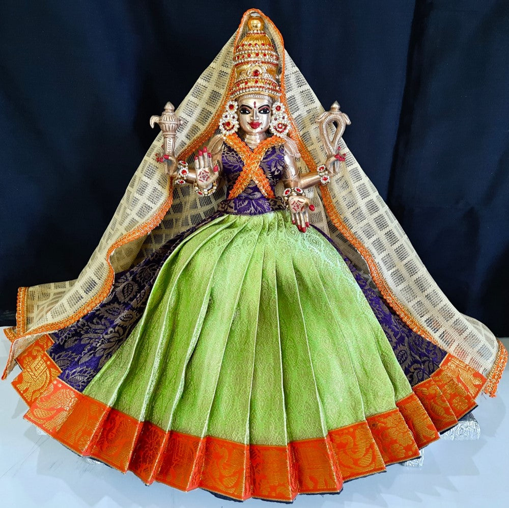 Deity half saree / lehenga patka made of Brocade Silk fabric (Not Pure Silk) - Pastle green and purple Lehenga with orange jari border and golden net dupatta 1
