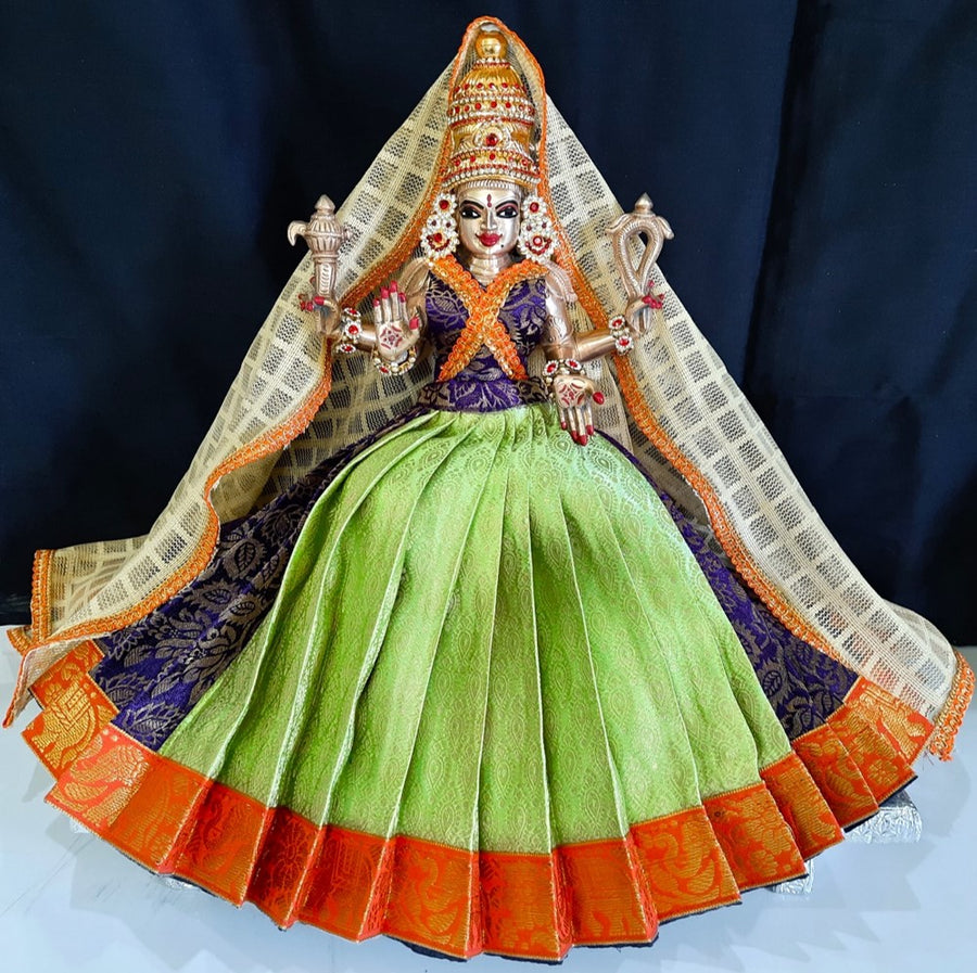 Deity half saree / lehenga patka made of Brocade Silk fabric (Not Pure Silk) - Pastle green and purple Lehenga with orange jari border and golden net dupatta