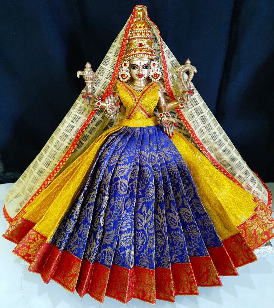 Deity half saree / lehenga patka made of Brocade Silk fabric (Not Pure Silk) - Royal blue and yellow Lehenga with red jari border and golden net dupatta 1