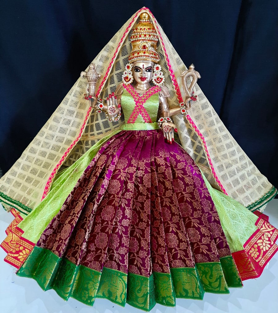 Deity half saree / lehenga patka made of Brocade Silk fabric (Not Pure Silk) - Wine with pastle green Lehenga with red jari border and golden net dupatta