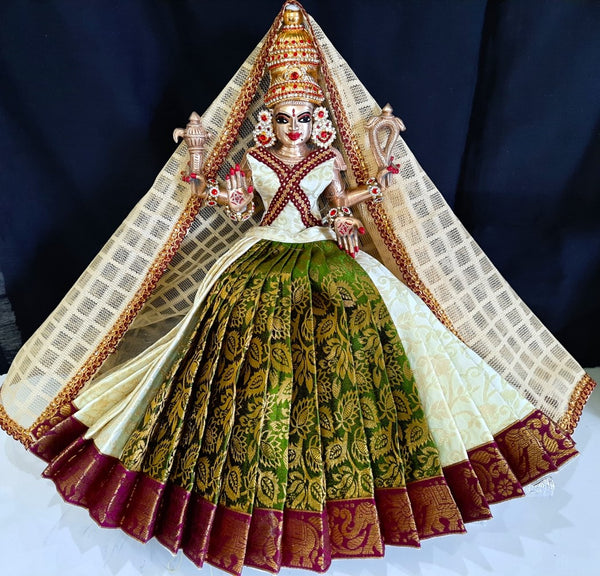Deity half saree / lehenga patka made of Brocade Silk fabric (Not Pure Silk) - Sap green and white Lehenga with brown jari border and golden net dupatta