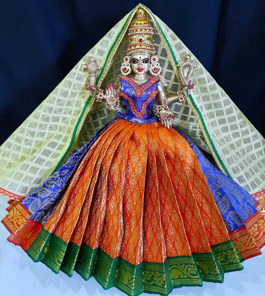 Deity half saree / lehenga patka made of Brocade Silk fabric (Not Pure Silk) - Orange and royal blue Lehenga with green jari border and golden net dupatta