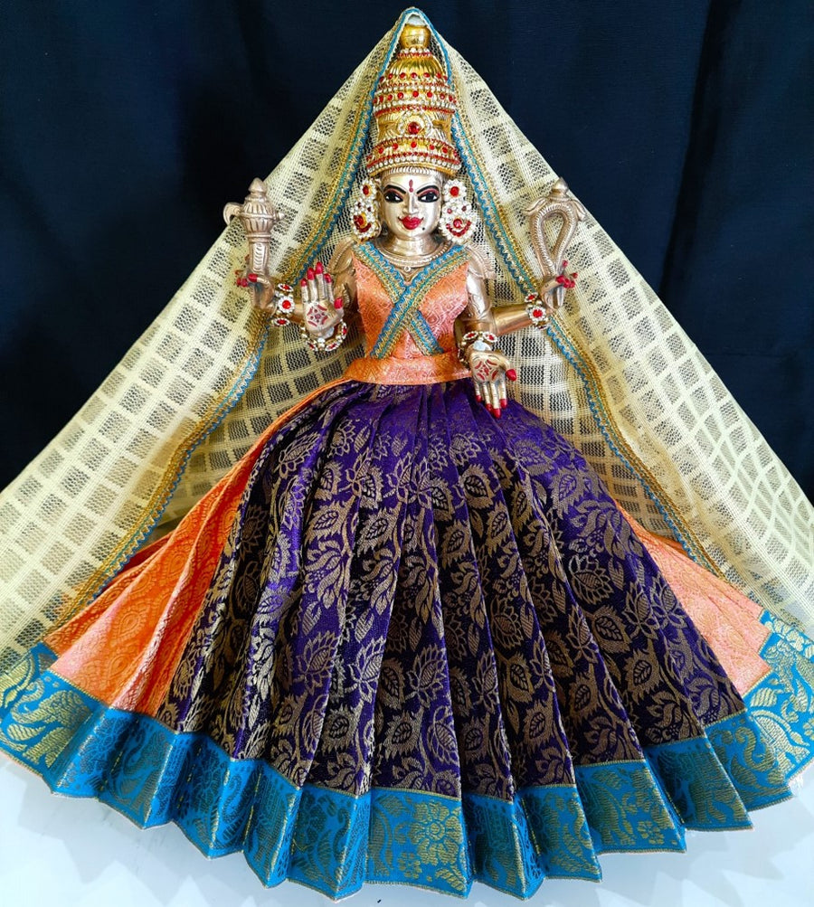 Deity half saree / lehenga patka made of Brocade Silk fabric (Not Pure Silk) - Peach and navy blue Lehenga with sky blue jari border and golden net dupatta