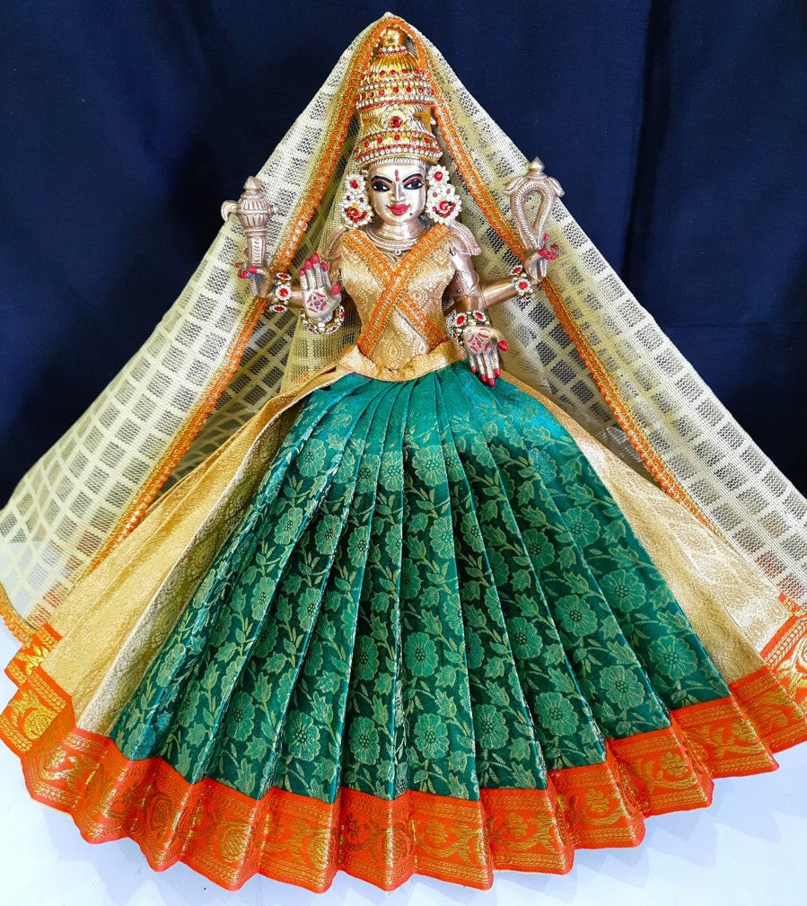 Deity half saree / lehenga patka made of Brocade Silk fabric (Not Pure Silk) - Bottle green and gold Lehenga with orange jari border and golden net dupatta
