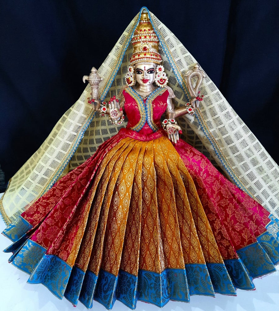 Deity half saree / lehenga patka made of Brocade Silk fabric (Not Pure Silk) - Mustard and pink Lehenga with sky blue jari border and golden net dupatta