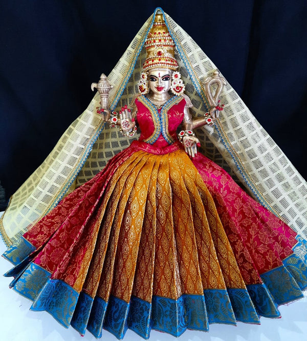 Deity half saree / lehenga patka made of Brocade Silk fabric (Not Pure Silk) - Mustard and pink Lehenga with sky blue jari border and golden net dupatta