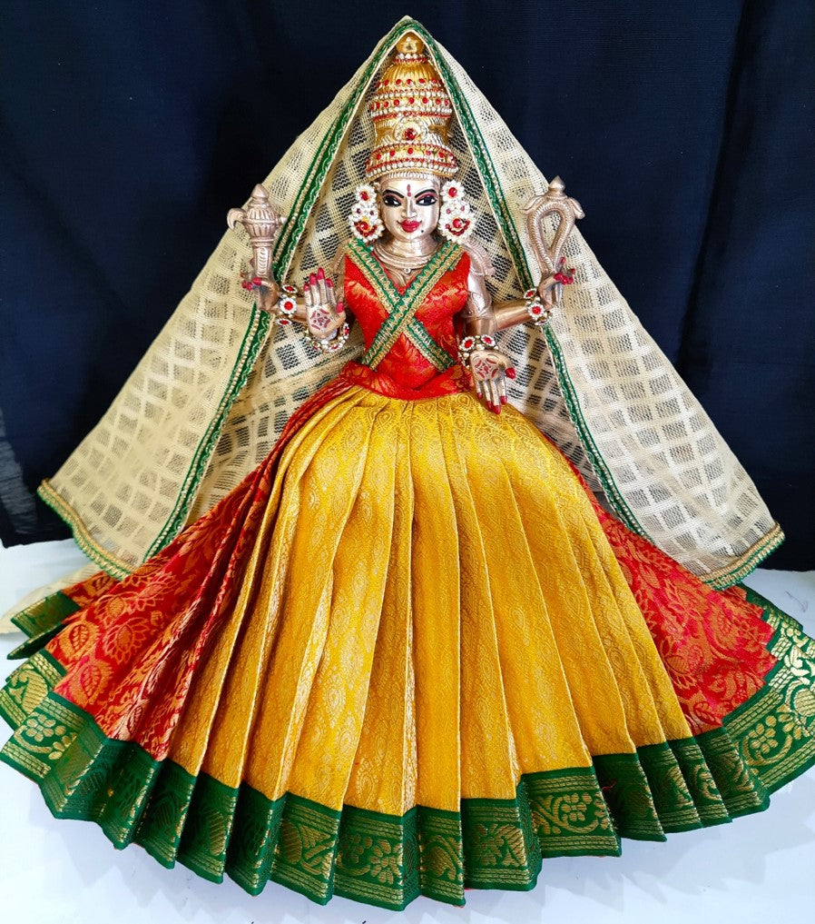 Deity half saree / lehenga patka made of Brocade Silk fabric (Not Pure Silk) - Yellow and red Lehenga with blue jari border and golden net dupatta 1