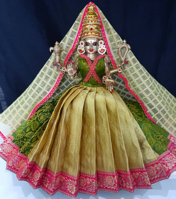 Deity half saree / lehenga patka made of Brocade Silk fabric (Not Pure Silk) - Gold and sap green Lehenga with pink jari border and golden net dupatta