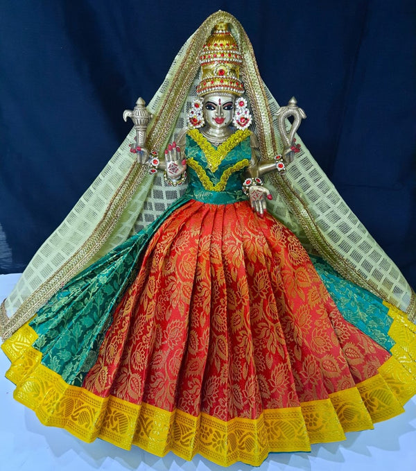 Deity half saree / lehenga patka made of Brocade Silk fabric (Not Pure Silk) - Red and bottle green Lehenga with yellow jari border and golden net dupatta