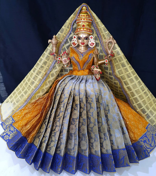 Deity half saree / lehenga patka made of Brocade Silk fabric (Not Pure Silk) - Grey and mustard Lehenga with blue jari border and golden net dupatta