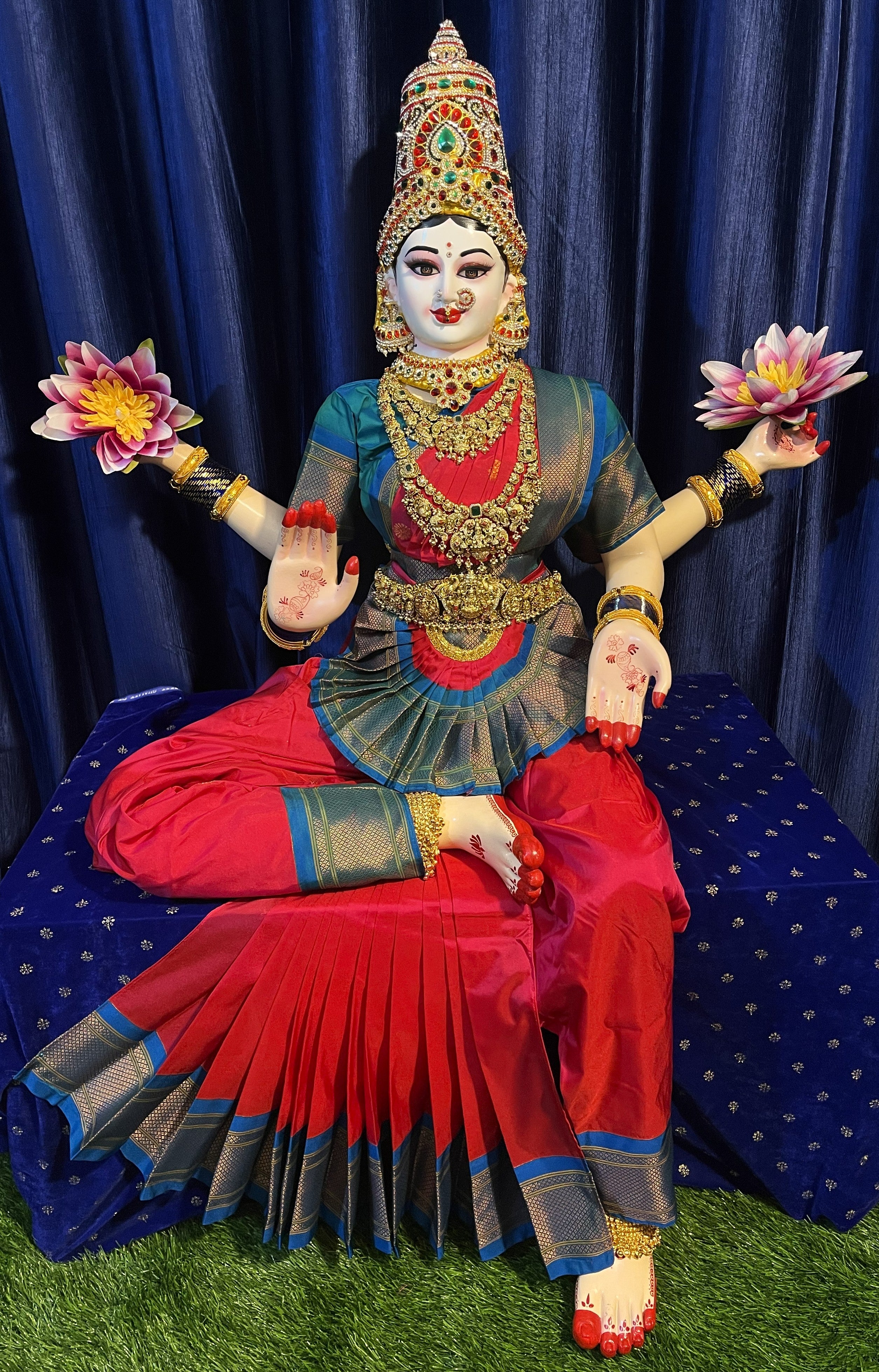 Premium Pre-Stitched Semi Silk Paithani Saree for Big Sitting Fiber Body | Traditional Devi Alankaram Saree Set - Red saree with Blue Zari border and Blue blouse 1