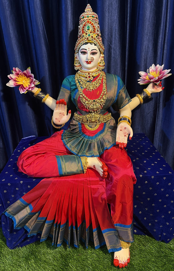 Premium Pre-Stitched Semi Silk Paithani Saree for Big Sitting Fiber Body | Traditional Devi Alankaram Saree Set - Red saree with Blue Zari border and Blue blouse
