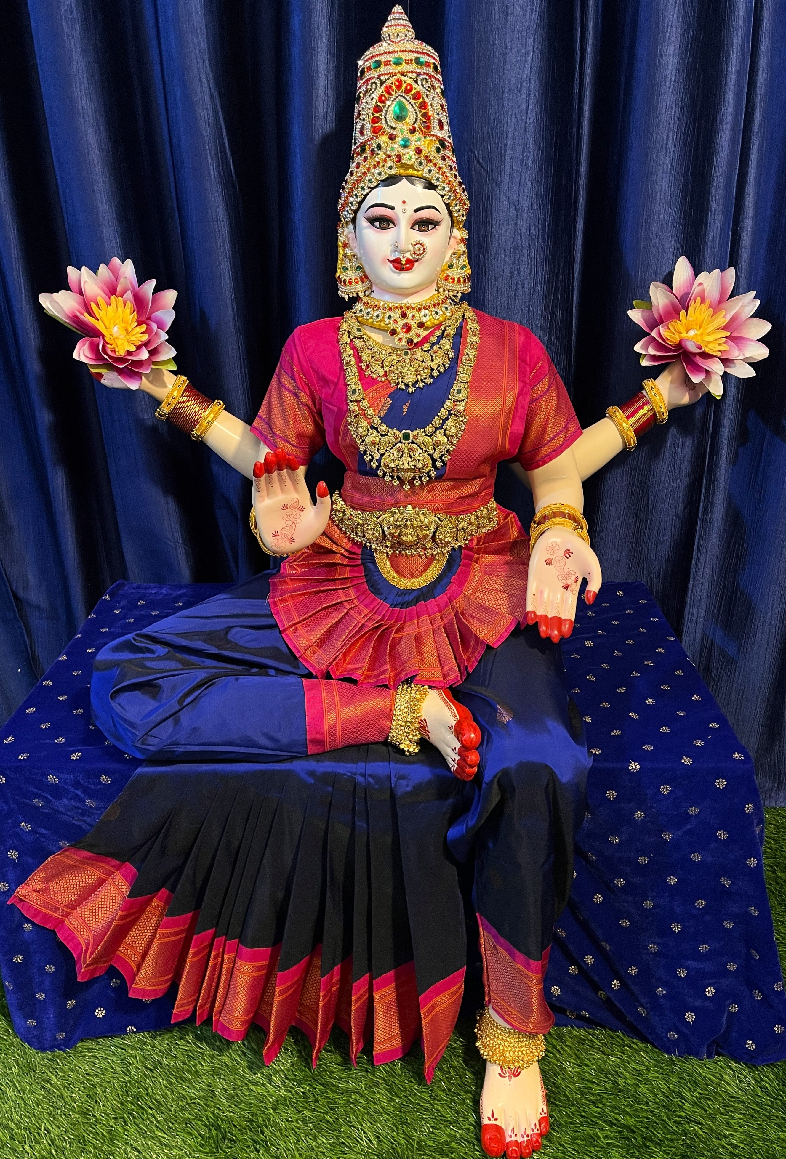 Premium Pre-Stitched Semi Silk Paithani Saree for Big Sitting Fiber Body | Traditional Devi Alankaram Saree Set - Dark Blue saree with Pink Zari border and Pink blouse 1