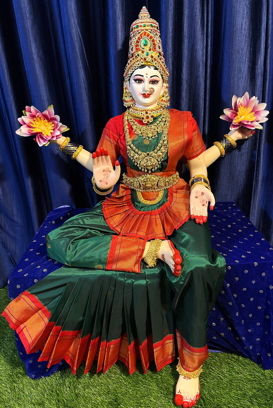Premium Pre-Stitched Semi Silk Paithani Saree for Big Sitting Fiber Body | Traditional Devi Alankaram Saree Set - Dark Green saree with Red Zari border and Red blouse