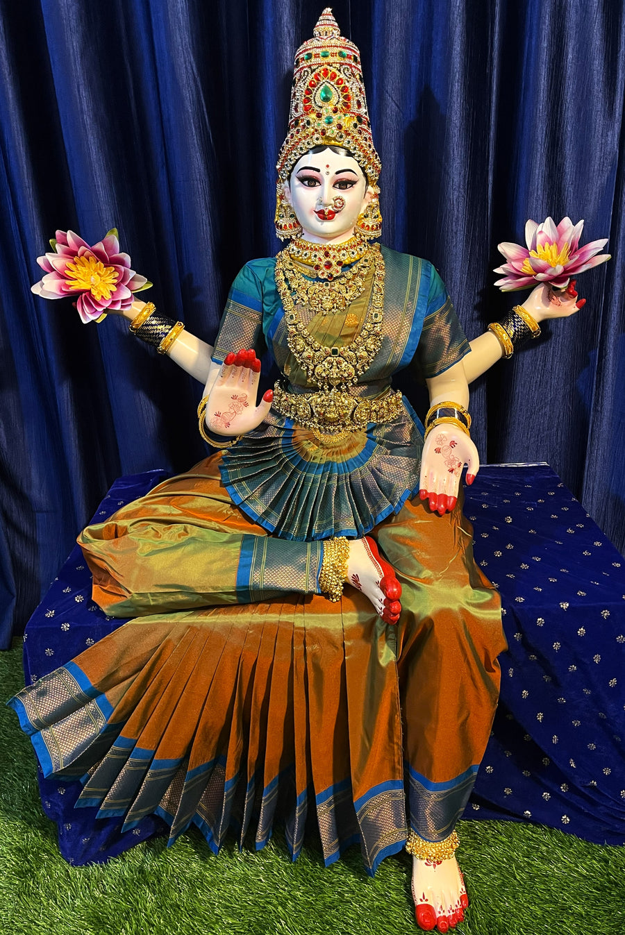 Premium Pre-Stitched Semi Silk Paithani Saree for Big Sitting Fiber Body | Traditional Devi Alankaram Saree Set - Mustard Gold saree with Blue Zari border and Blue blouse