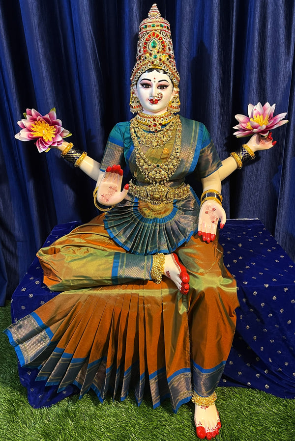 Premium Pre-Stitched Semi Silk Paithani Saree for Big Sitting Fiber Body | Traditional Devi Alankaram Saree Set - Mustard Gold saree with Blue Zari border and Blue blouse