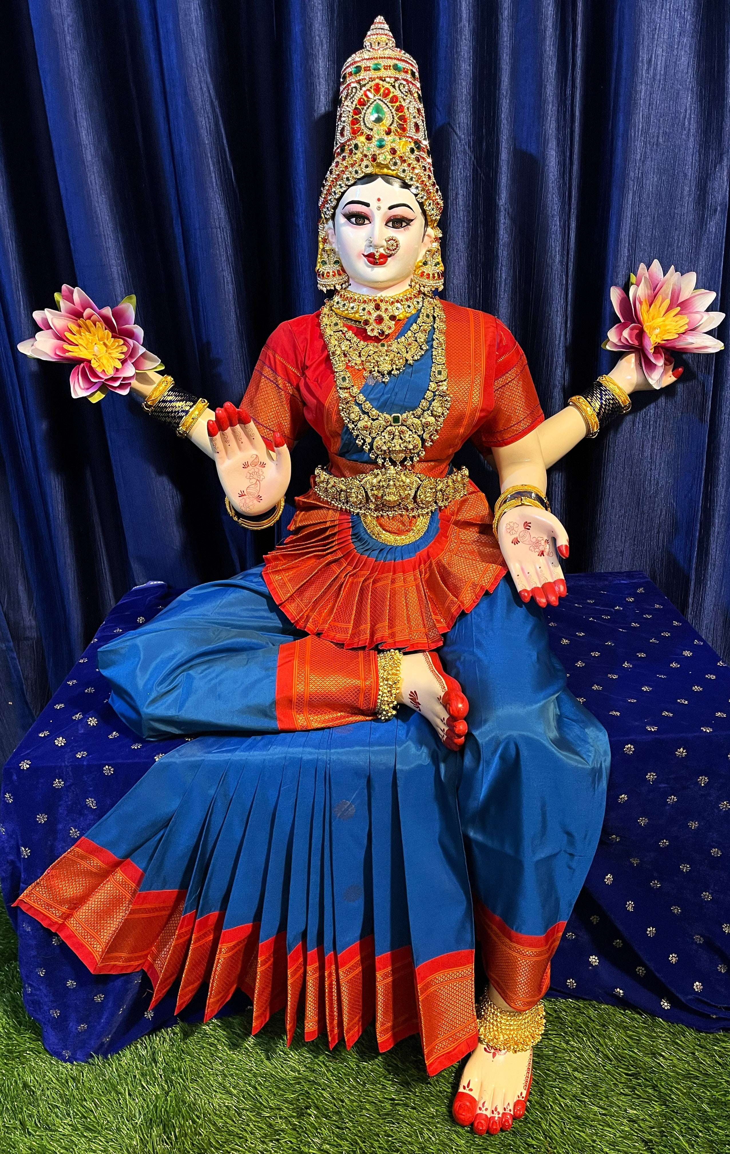 Premium Pre-Stitched Semi Silk Paithani Saree for Big Sitting Fiber Body | Traditional Devi Alankaram Saree Set - Royal Blue saree with Red Zari border and Red blouse 1