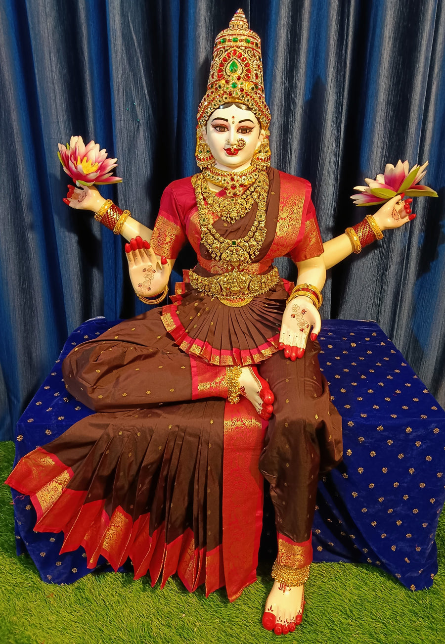 Premium Pre-Stitched Semi Silk Paithani Saree for Big Sitting Fiber Body | Traditional Devi Alankaram Saree Set - Brown saree with Red Zari border and Red blouse
