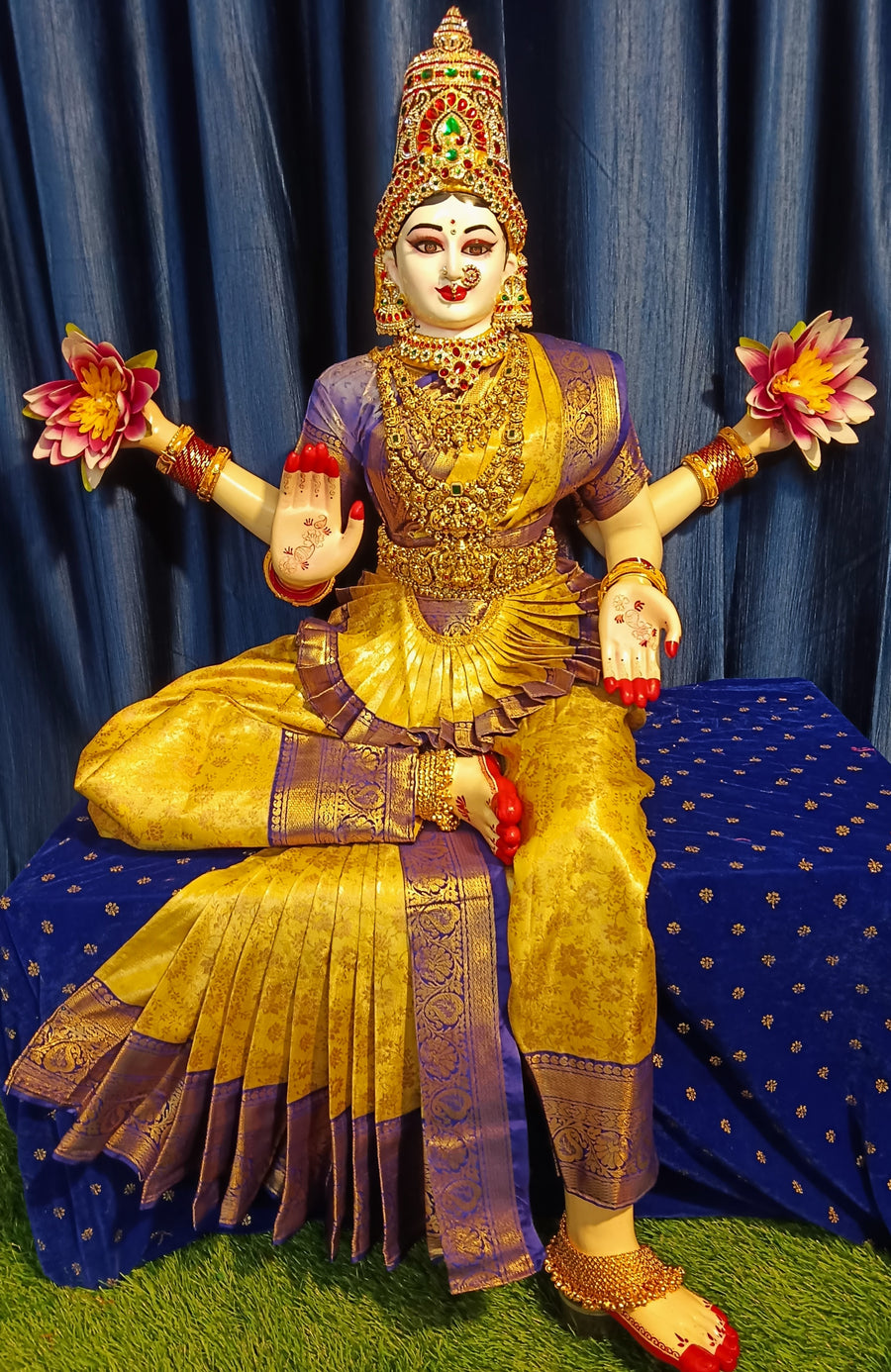 Premium Kanjivaram Princess Dress for Big Sitting Fiber Body | Traditional Devi Alankaram Dress Set - Yellow saree with Blue Zari border and Blue blouse