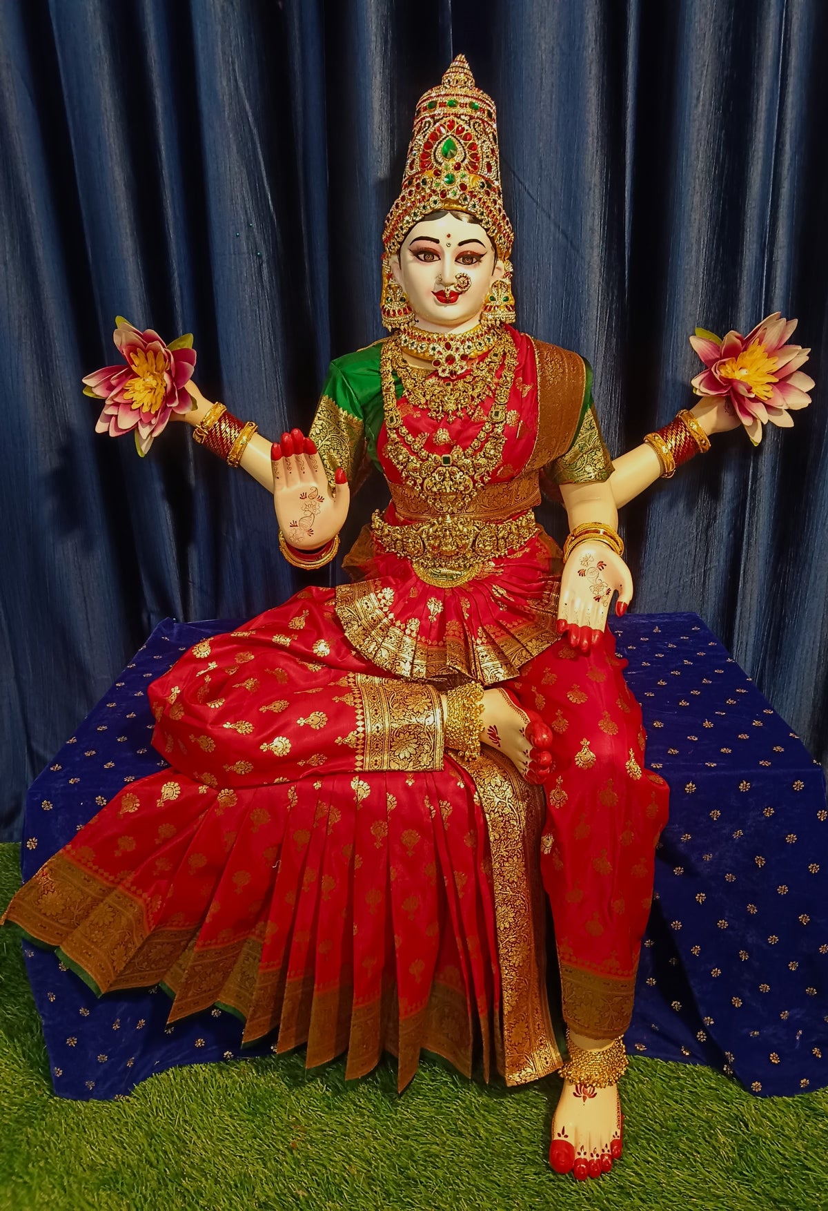 Premium Banarasi Silk Princess Dress for Big Sitting Fiber Body | Traditional Devi Alankaram Dress Set - Red saree with Green Zari border and Green blouse
