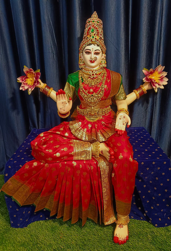 Premium Banarasi Silk Princess Dress for Big Sitting Fiber Body | Traditional Devi Alankaram Dress Set - Red saree with Green Zari border and Green blouse