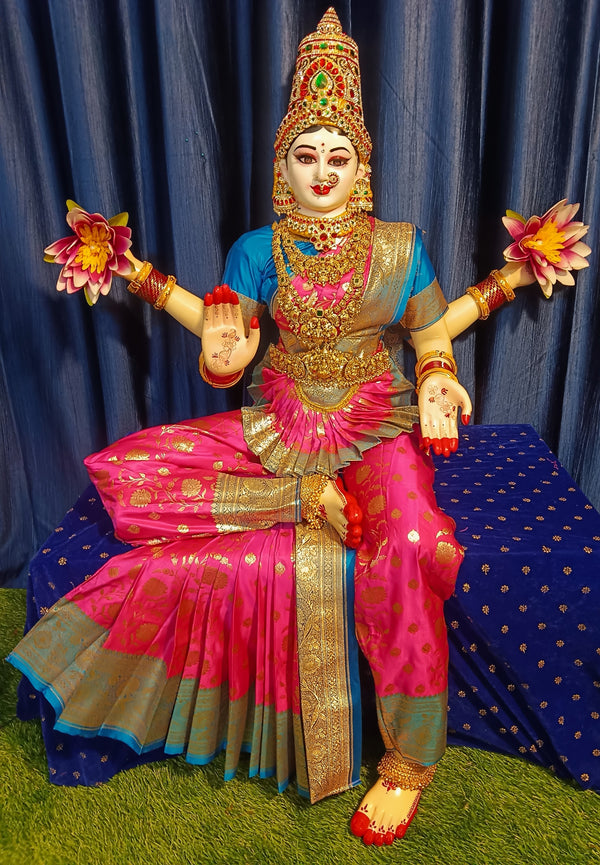 Premium Banarasi Silk Princess Dress for Big Sitting Fiber Body - Pink saree with Sky Blue Zari border
