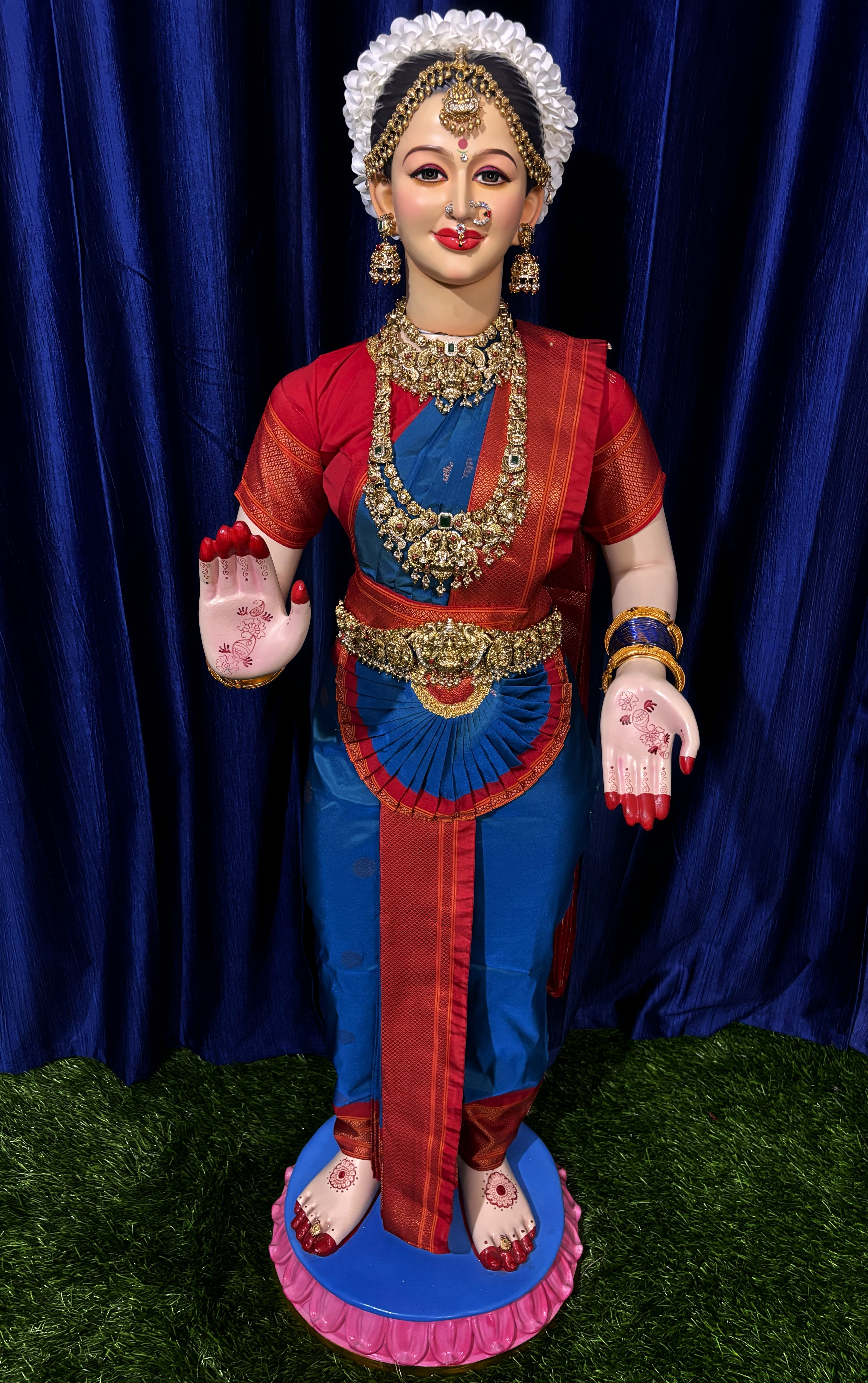 Premium Pre-Stitched Semi Silk Paithani Saree for Big Standing Fiber Body | Traditional Devi Alankaram Saree Set - Royal Blue saree with Red Zari border and Red blouse 1