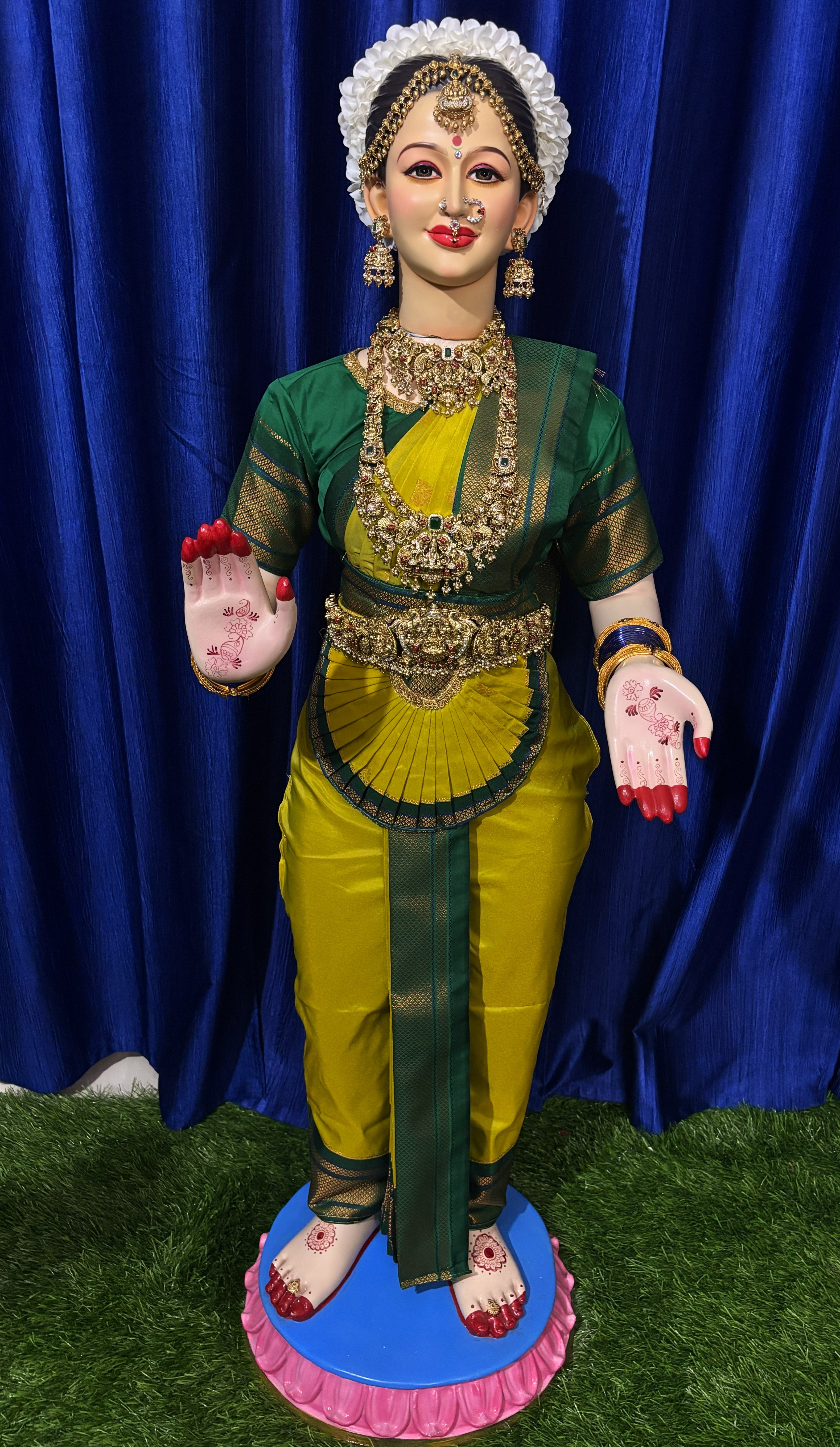 Premium Pre-Stitched Semi Silk Paithani Saree for Big Standing Fiber Body | Traditional Devi Alankaram Saree Set - Lime Green saree with dark Green Zari border and dark Green blouse 1
