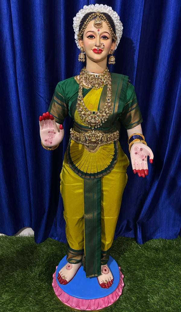 Premium Pre-Stitched Semi Silk Paithani Saree for Big Standing Fiber Body | Traditional Devi Alankaram Saree Set - Lime Green saree with dark Green Zari border and dark Green blouse