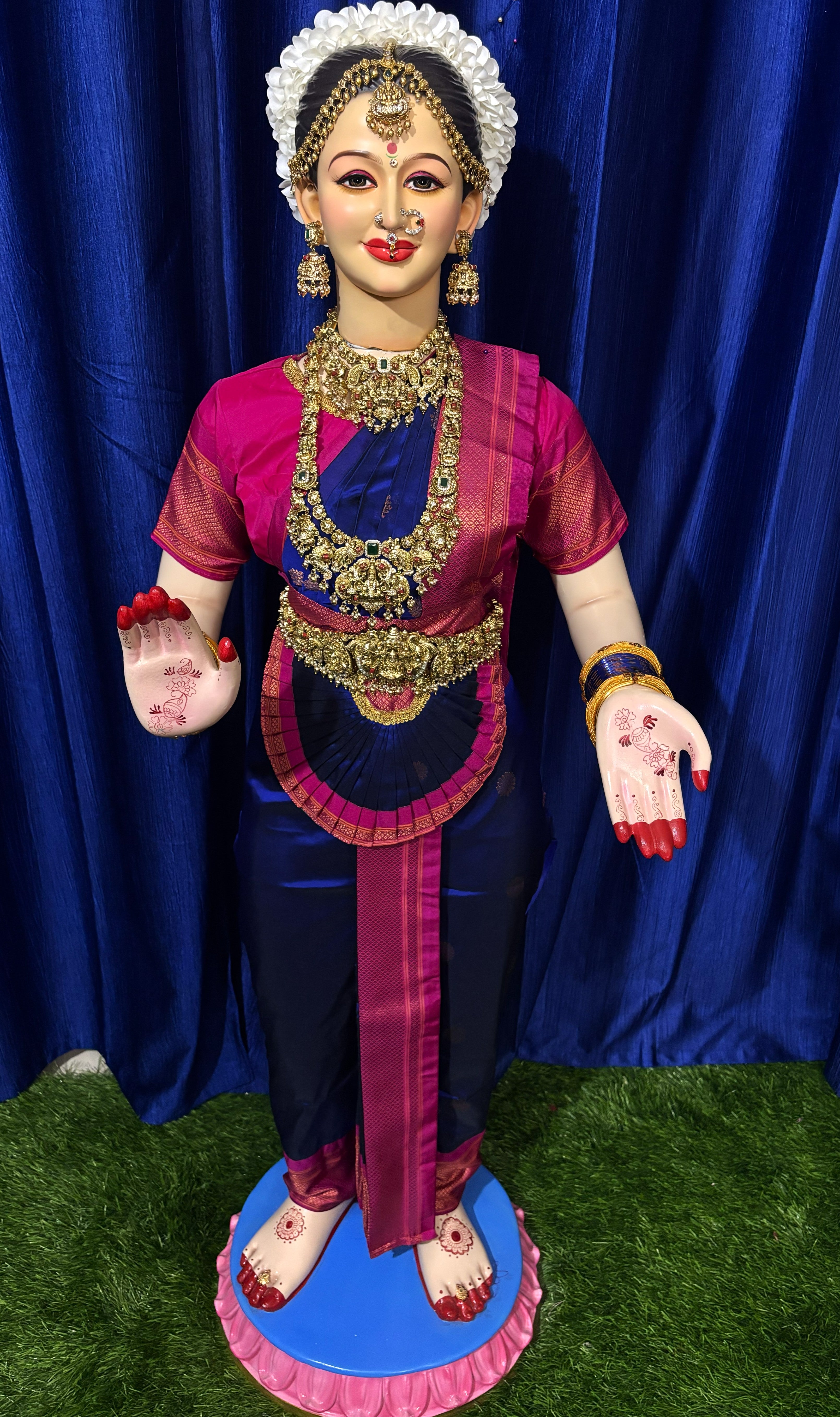 Premium Pre-Stitched Semi Silk Paithani Saree for Big Standing Fiber Body | Traditional Devi Alankaram Saree Set - Dark Blue saree with Pink Zari border and Pink blouse 1