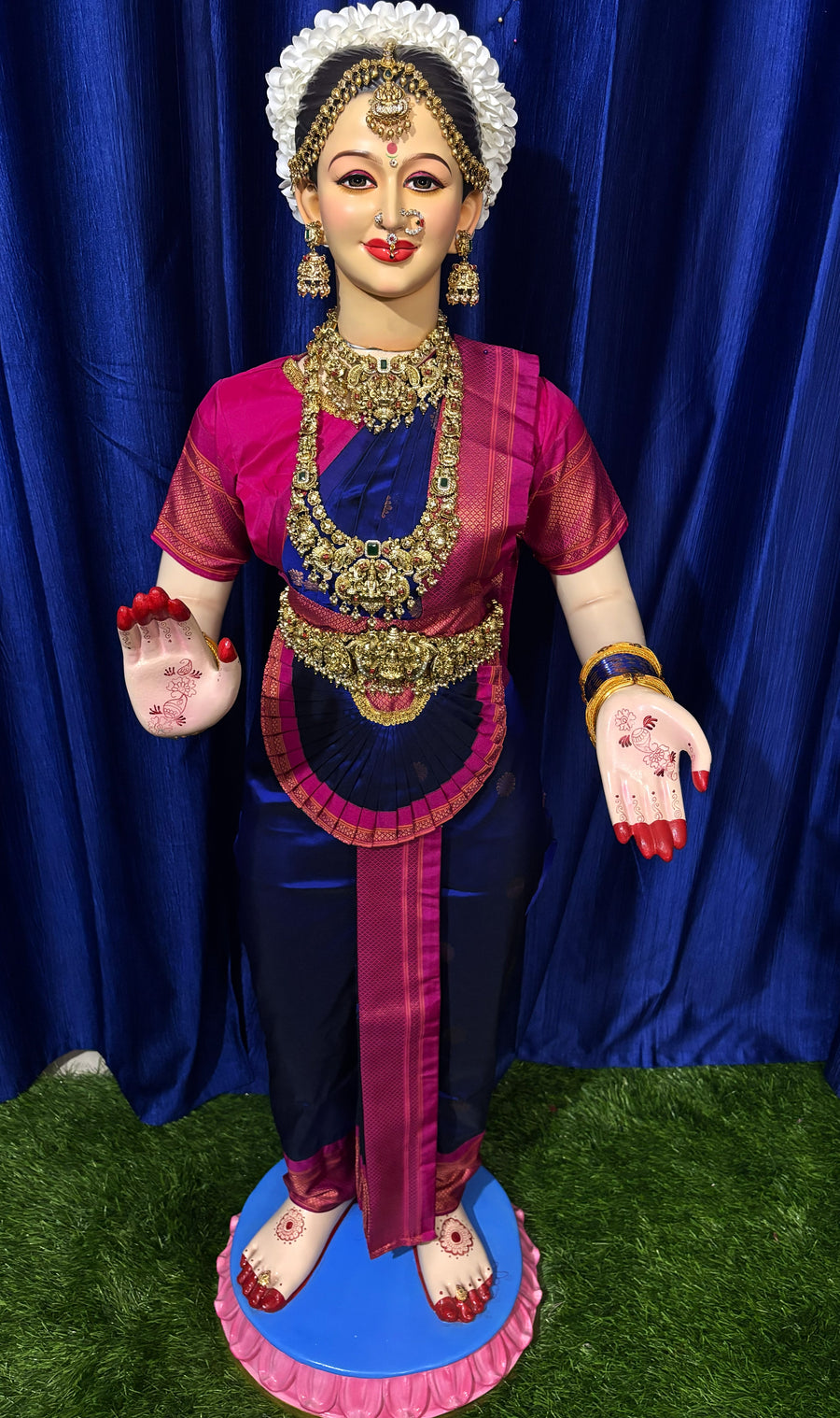 Premium Pre-Stitched Semi Silk Paithani Saree for Big Standing Fiber Body | Traditional Devi Alankaram Saree Set - Dark Blue saree with Pink Zari border and Pink blouse