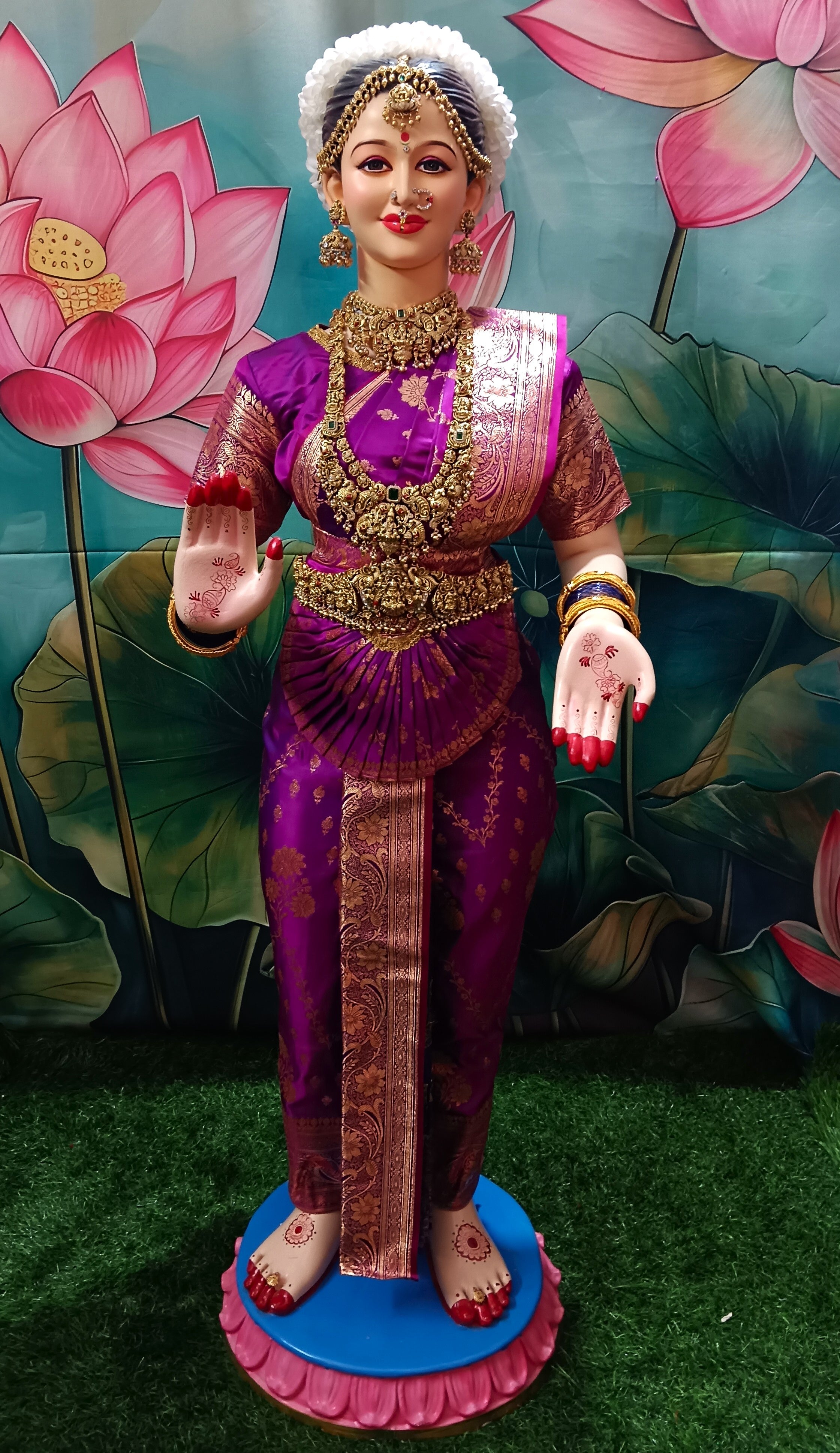 Premium Pre-Stitched Banaras Silk Saree for Big Standing Fiber Body | Traditional Devi Alankaram Saree Set - Purple Saree with Gold Zari border and Purple blouse 1