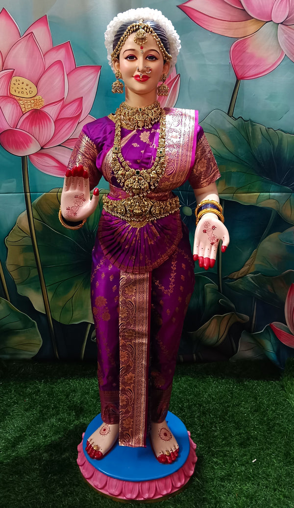 Premium Pre-Stitched Banaras Silk Saree for Big Standing Fiber Body | Traditional Devi Alankaram Saree Set - Purple Saree with Gold Zari border and Purple blouse