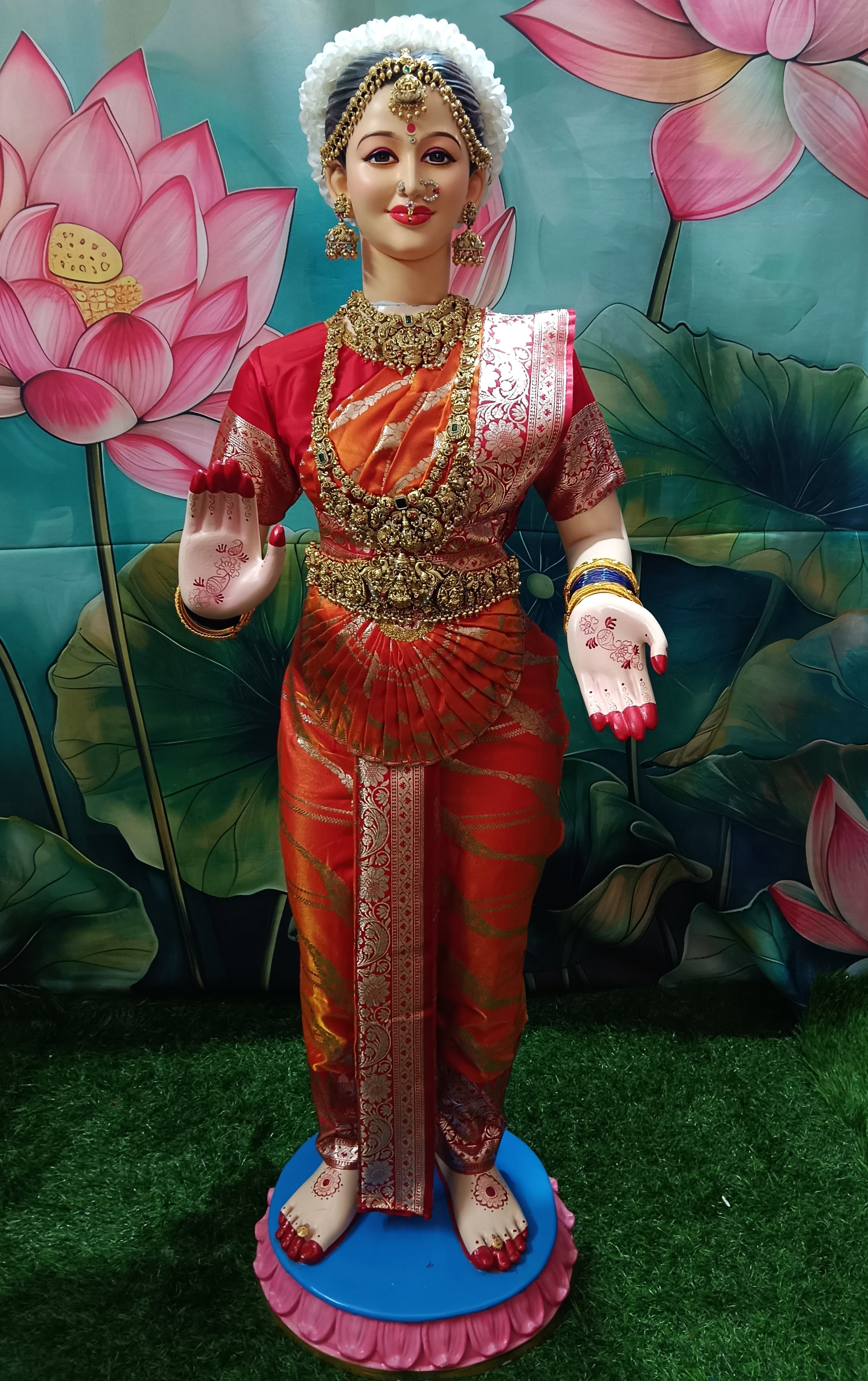 Premium Pre-Stitched Banaras Silk Saree for Big Standing Fiber Body | Traditional Devi Alankaram Saree Set - Orange Saree with Red Zari border and Red blouse 1
