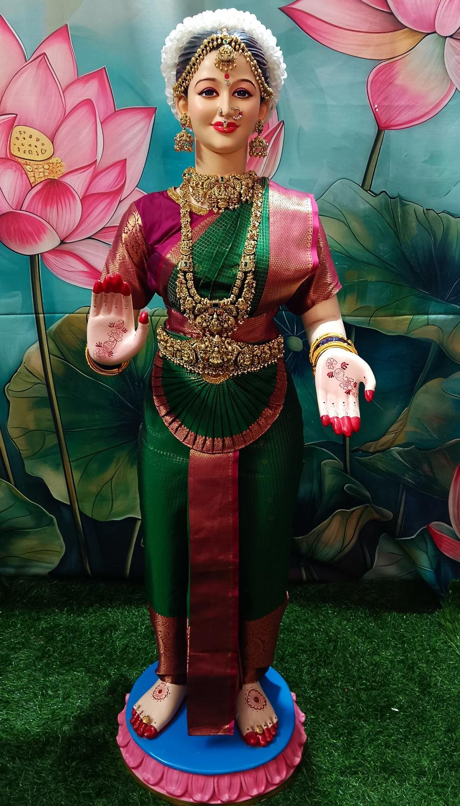Premium Pre-Stitched Banaras Silk Saree for Big Standing Fiber Body | Traditional Devi Alankaram Saree Set - Green Checks saree with Pink Zari border and Pink blouse