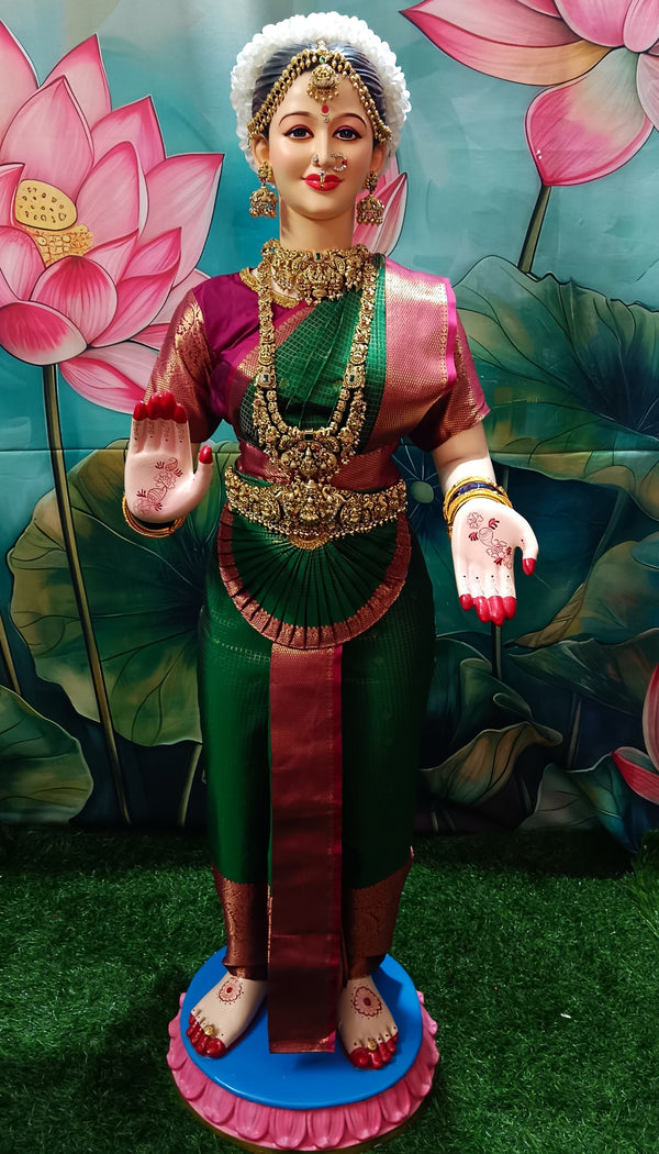 Premium Pre-Stitched Banaras Silk Saree for Big Standing Fiber Body | Traditional Devi Alankaram Saree Set - Green Checks saree with Pink Zari border and Pink blouse