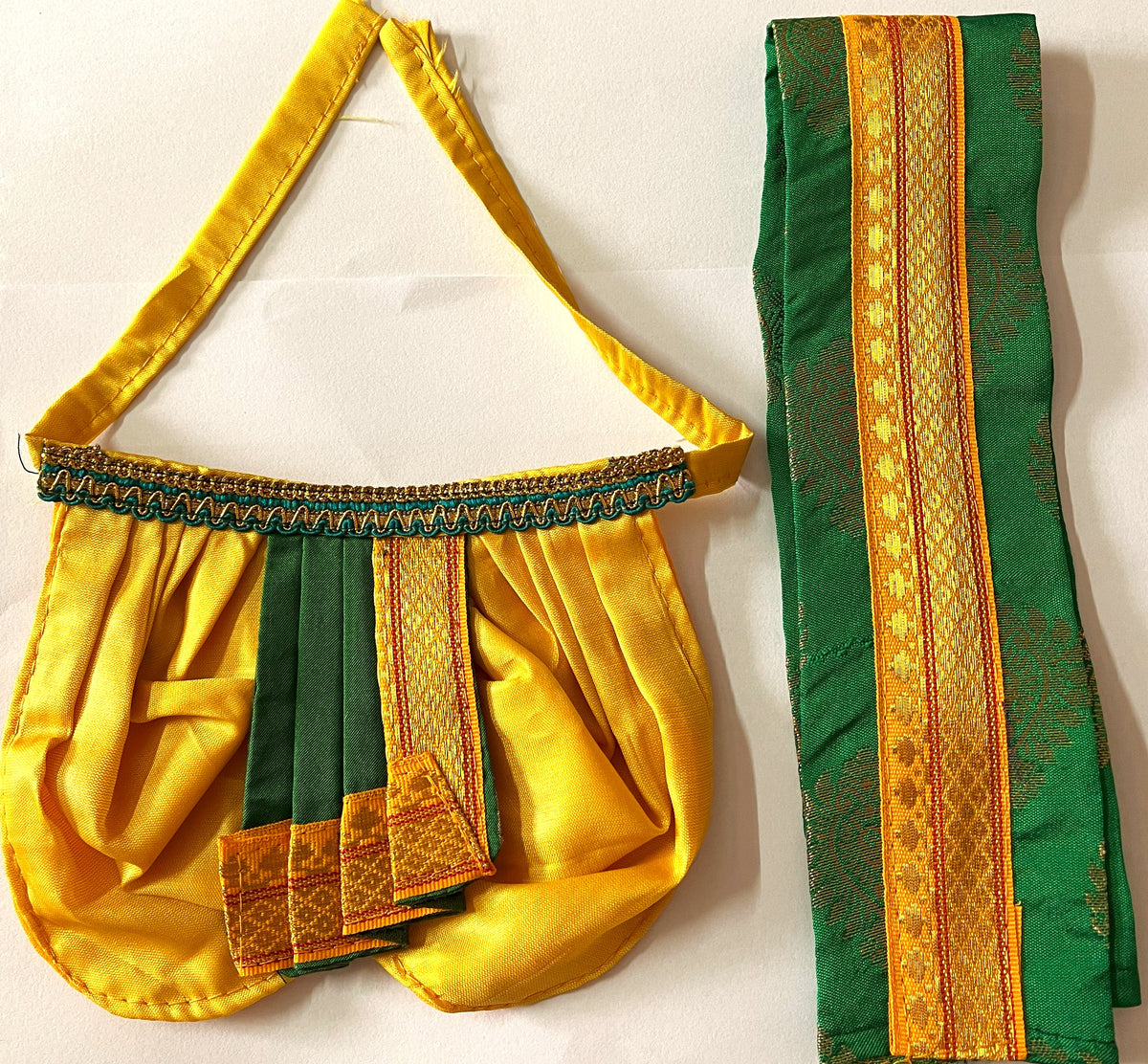 Deity dhoti and patka shalya / Uparna vastra made of Cut Fabric Soft Silk Dhoti (Not Pure Silk) - Yellow Dhoti with Green  contrast and Green zari butta shalya with yellow zari border