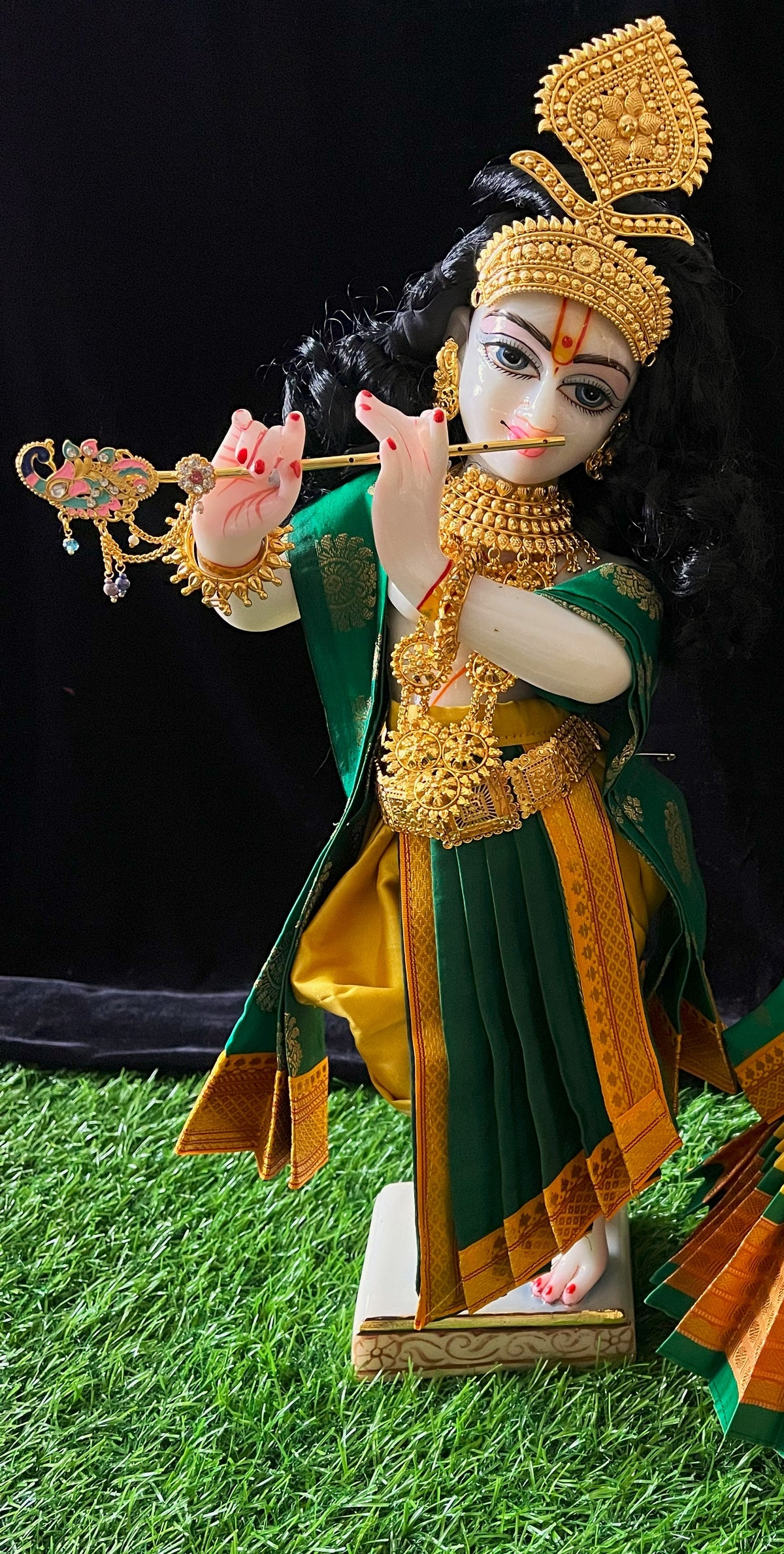 Deity dhoti and patka shalya / Uparna vastra made of Cut Fabric Soft Silk Dhoti (Not Pure Silk) - Yellow Dhoti with Green  contrast and Green zari butta shalya with yellow zari border