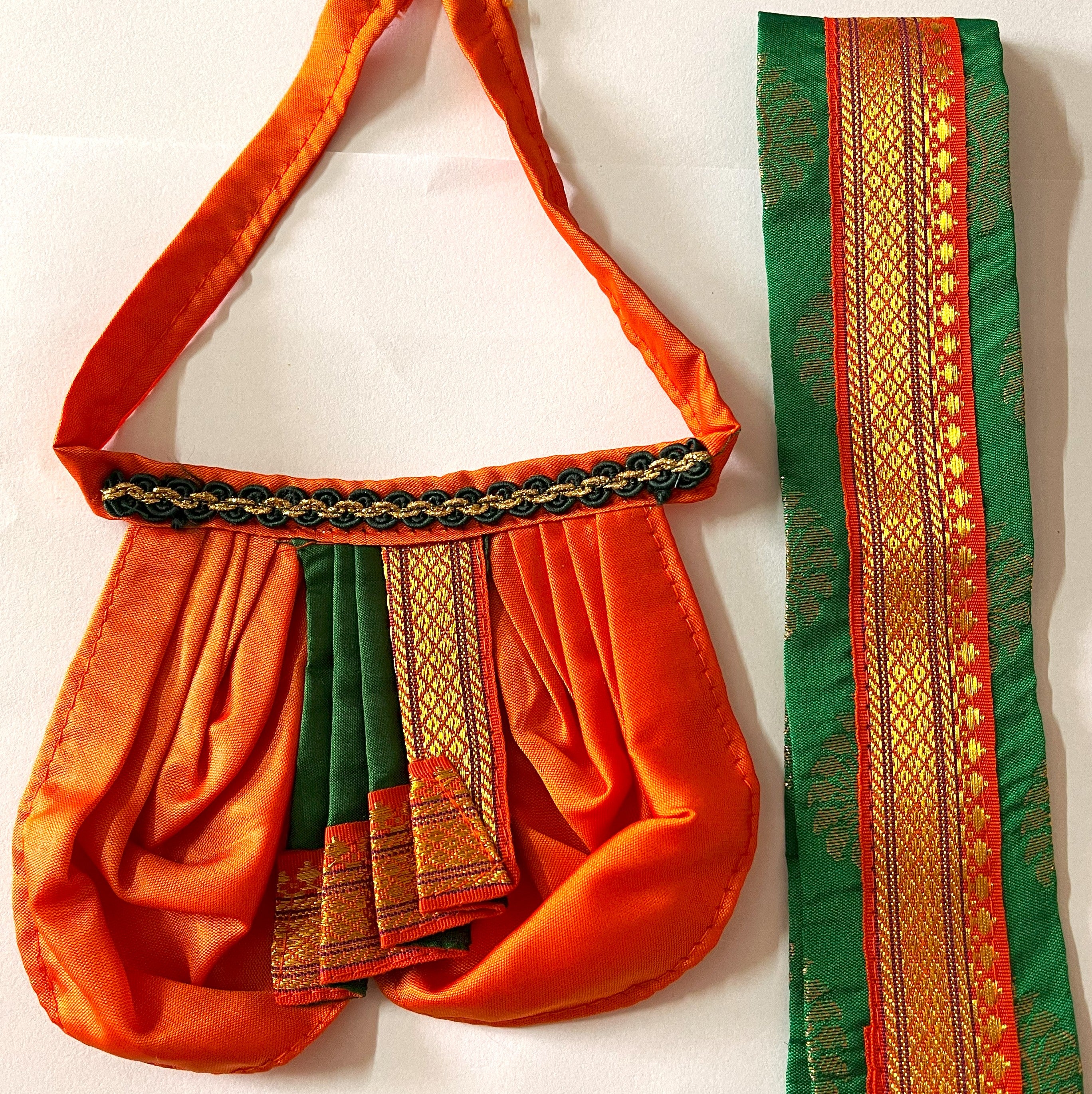 Deity dhoti and patka shalya / Uparna vastra made of Cut Fabric Soft Silk Dhoti (Not Pure Silk) - Orange Dhoti with Green  contrast and Green zari butta shalya with Orange zari border 3