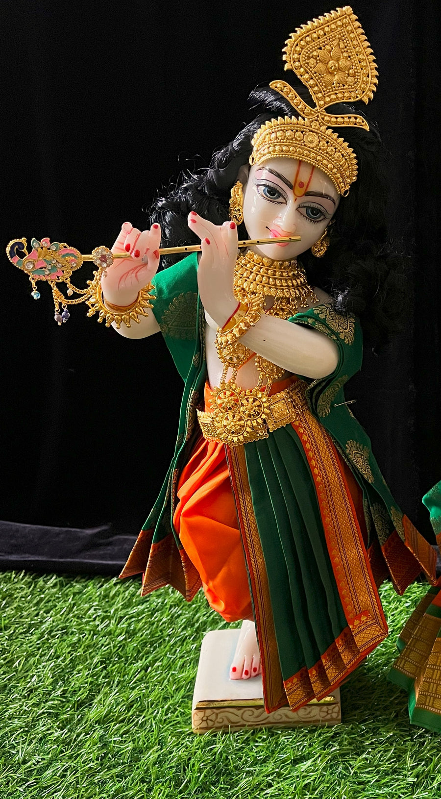 Deity dhoti and patka shalya / Uparna vastra made of Cut Fabric Soft Silk Dhoti (Not Pure Silk) - Orange Dhoti with Green  contrast and Green zari butta shalya with Orange zari border